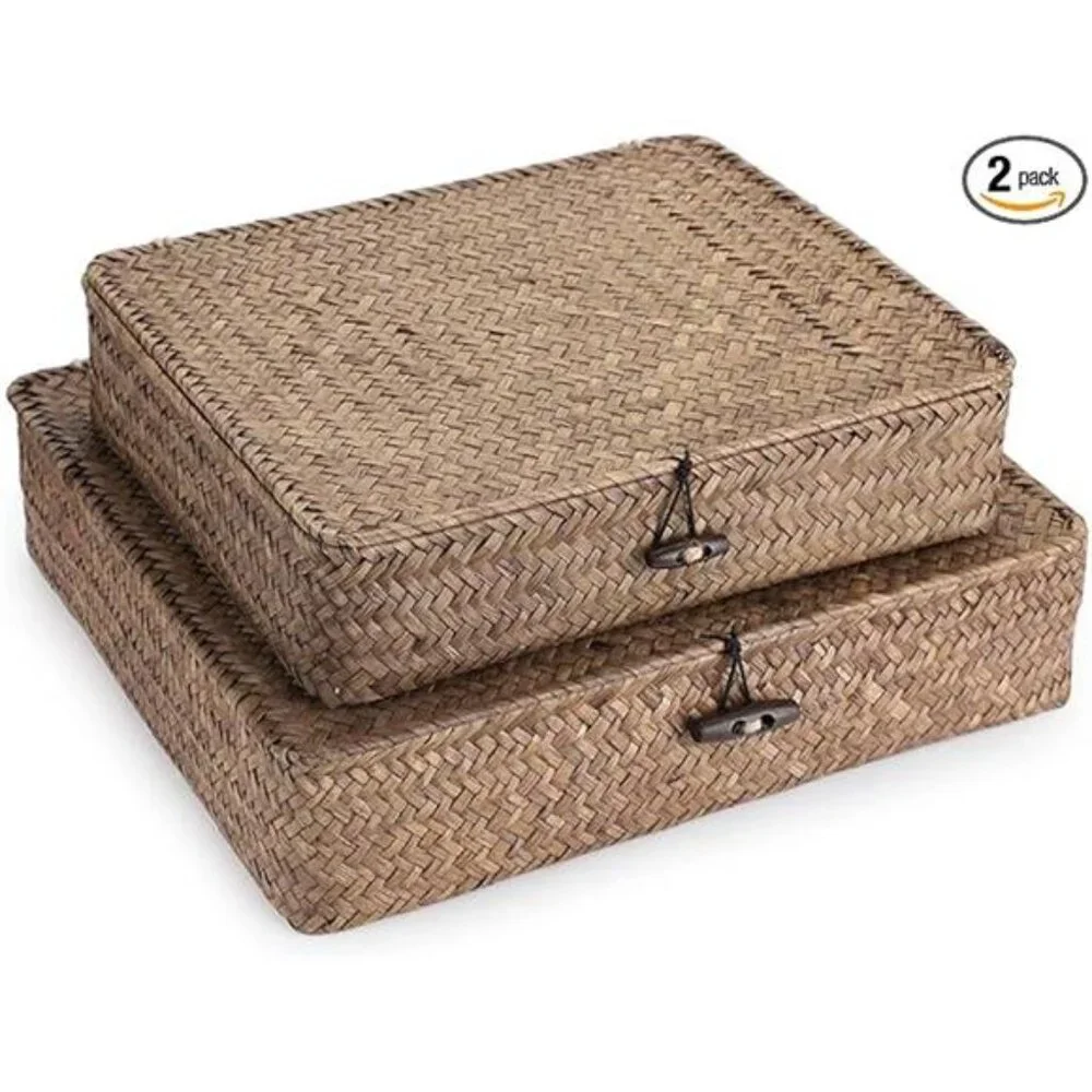Set of 2 Flat Woven Wicker Storage Bins with Lid Natural Seagrass Basket